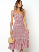 Maxikleid Rosa Sommerkleider lang mit Printmuster ärmellos Damenmode und Trägern gemischten Baumwollen und figurbetonendem Design geknotet für Sommer