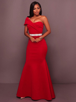 Maxikleid Rot Sommerkleider lang Kurzarm Einschulter Damenmode maxi kleid Polyester schmale Passform und Herbst Kleider