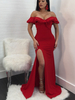 Maxikleid Rot Sommerkleider lang Kurzarm mit Carmenausschnitt Damenmode gemischten Baumwollen und figurbetonendem Design und Schlitz an der Front