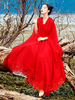 Maxikleid Rot Sommerkleider lang Langarm mit Rundkragen Damenmode maxi kleid Chiffon überdimensional und Spitzen für Sommer Kleider