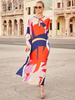 Maxikleid Rot Sommerkleider lang mit Farbblock 3/4 Ärmel Damenmode maxi kleid Schlüsselloch-Kragen Baumwolle überdimensional für Sommer Kleider