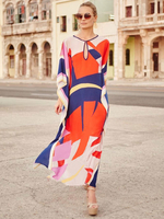 Maxikleid Rot Sommerkleider lang mit Farbblock 3/4 Ärmel Damenmode maxi kleid Schlüsselloch-Kragen Baumwolle überdimensional für Sommer Kleider