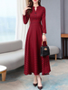 Maxikleid Rot Sommerkleider lang mit Plaidmuster Langarm Damenmode maxi kleid Notched Ausschnitt Polyester für Frühling Kleider