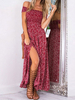 Maxikleid Rot Sommerkleider lang mit Print Kurzarm Damenmode und Carmenausschnitt gemischten Baumwollen und tiefem Rückenausschnitt