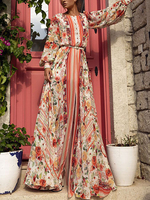 Maxikleid Rot Sommerkleider lang mit Print Langarm Damenmode maxi kleid und Rundkragen Chiffon für Sommer Kleider