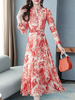 Maxikleid Rot Sommerkleider lang mit Print Langarm Damenmode maxi kleid und Umlegekragen Chiffon und schichtigem Design und Knöpfen für Sommer