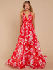 Maxikleid Rot Sommerkleider lang mit Print ärmellos Damenmode maxi kleid und spitzem Dekolleté Chiffon und rückenfreiem Design für Sommer Kleider