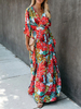 Maxikleid Rot Sommerkleider lang mit Printmuster 1/2 Ärmel Damenmode maxi kleid V-Ausschnitt Polyester und schichtigem Design und Blumen-Deko