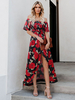 Maxikleid Rot Sommerkleider lang mit Printmuster Kurzarm Damenmode und Carmenausschnitt Polyester und figurbetonendem Design und Blumen-Deko