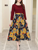 Maxikleid Rot Sommerkleider lang mit Printmuster Langarm Damenmode maxi kleid und Rundkragen Polyester und Gürtel für Sommer Kleider