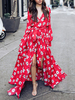 Maxikleid Rot Sommerkleider lang mit Printmuster Langarm Damenmode maxi kleid V-Ausschnitt Chiffon und Schlitz an der Front für Sommer Kleider