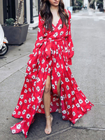 Maxikleid Rot Sommerkleider lang mit Printmuster Langarm Damenmode maxi kleid V-Ausschnitt Chiffon und Schlitz an der Front für Sommer Kleider