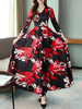 Maxikleid Rot Sommerkleider lang mit Printmuster Langarm Damenmode maxi kleid V-Ausschnitt Polyester und schichtigem Design und Falten für Frühling
