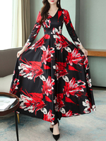 Maxikleid Rot Sommerkleider lang mit Printmuster Langarm Damenmode maxi kleid V-Ausschnitt Polyester und schichtigem Design und Falten für Frühling