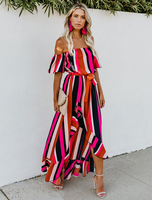 Maxikleid Rot Sommerkleider lang mit Streifen Kurzarm Damenmode maxi kleid und Carmenausschnitt Polyester und Split geknotet für Sommer Kleider