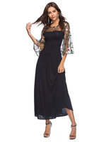 Maxikleid Schwarz Sommerkleider lang 3/4 Ärmel mit Rundkragen Damenmode maxi kleid Polyester und Stickereien für Sommer Kleider