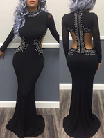 Maxikleid Schwarz Sommerkleider lang Langarm Halskragen Damenmode maxi kleid Polyester mit rückenfreiem Design und Reißverschluss für Frühling