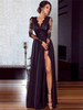 Maxikleid Schwarz Sommerkleider lang Langarm V-Ausschnitt Damenmode maxi kleid Chiffon mit Split für Herbst Kleider