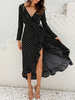 Maxikleid Schwarz Sommerkleider lang mit Polka-Tupfen Langarm Damenmode maxi kleid V-Ausschnitt Chiffon und Split und Rüschen für Herbst Kleider
