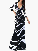 Maxikleid Schwarz Sommerkleider lang mit Print 3/4 Ärmel Damenmode maxi kleid V-Ausschnitt Polyester offener BH für Herbst Kleider