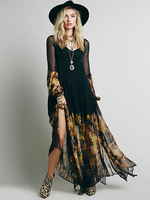 Maxikleid Schwarz Sommerkleider lang mit Print Langarm Damenmode maxi kleid V-Ausschnitt Bohemian Kleider Viskose überdimensional und Falten