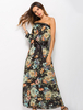 Maxikleid Schwarz Sommerkleider lang mit Printmuster 3/4 Ärmel Damenmode Einschulter Chiffon und unsymmetrischem Design und Schlitz an der Front