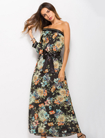 Maxikleid Schwarz Sommerkleider lang mit Printmuster 3/4 Ärmel Damenmode Einschulter Chiffon und unsymmetrischem Design und Schlitz an der Front
