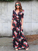 Maxikleid Schwarz Sommerkleider lang mit Printmuster 3/4 Ärmel Damenmode maxi kleid V-Ausschnitt Polyester-Baumwolle für Herbst Kleider