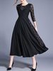 Maxikleid Schwarz Sommerkleider lang mit Printmuster 3/4 Ärmel Damenmode und Rundkragen Polyester und schichtigem Design und Reißverschluss