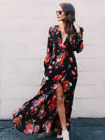Maxikleid Schwarz Sommerkleider lang mit Printmuster Langarm Damenmode maxi kleid V-Ausschnitt Chiffon und Split für Herbst Kleider