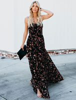 Maxikleid Schwarz Sommerkleider lang mit Printmuster ärmellos Damenmode maxi kleid und Trägern Polyester und Split und Trägern / Riemchen für Sommer