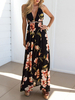 Maxikleid Schwarz Sommerkleider lang mit Printmuster ärmellos Damenmode und spitzem Dekolleté Chiffon und rückenfreiem Design und Trägern / Riemchen