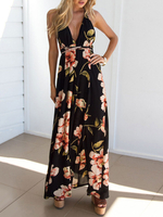 Maxikleid Schwarz Sommerkleider lang mit Printmuster ärmellos Damenmode und spitzem Dekolleté Chiffon und rückenfreiem Design und Trägern / Riemchen