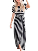 Maxikleid Schwarz Sommerkleider lang mit Streifen Kurzarm Damenmode maxi kleid und Rundkragen gemischten Baumwollen für Sommer Kleider