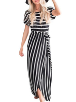 Maxikleid Schwarz Sommerkleider lang mit Streifen Kurzarm Damenmode maxi kleid und Rundkragen gemischten Baumwollen für Sommer Kleider