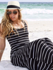 Maxikleid Schwarz Sommerkleider lang mit Streifen ärmellos Damenmode maxi kleid U-Ausschnitt Polyester und Schlitz an der Front für Sommer Kleider