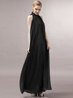 Maxikleid Schwarz Sommerkleider lang ärmellos Halskragen Damenmode maxi kleid Chiffon mit Gürtel für Sommer Kleider
