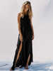Maxikleid Schwarz Sommerkleider lang ärmellos mit Rundkragen Damenmode maxi kleid Polyester und rückenfreiem Design und Schlitz an der Front