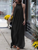 Maxikleid Schwarz Sommerkleider lang ärmellos und Rundhalsausschnitt Damenmode maxi kleid Polyester-Baumwolle überdimensional und Spitzen für Sommer