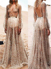 Maxikleid Silbrig Sommerkleider lang Langarm V-Ausschnitt Damenmode maxi kleid Tüll mit figurbetonendem Design für Sommer Kleider