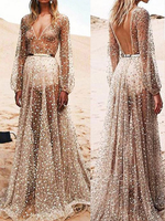 Maxikleid Silbrig Sommerkleider lang Langarm V-Ausschnitt Damenmode maxi kleid Tüll mit figurbetonendem Design für Sommer Kleider