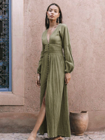 Maxikleid V-Ausschnitt lange Ärmel bodenlanges Kleid