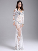 Maxikleid Weiß Sommerkleider lang Langarm V-Ausschnitt Damenmode maxi kleid Tüll mit durchsichtigem Design und Spitzen für Sommer Kleider