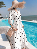 Maxikleid Weiß Sommerkleider lang mit Polka-Tupfen 3/4 Ärmel Damenmode maxi kleid V-Ausschnitt Polyester schmale Passform und Gürtel für Sommer