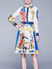 Maxikleid Weiß Sommerkleider lang mit Print Langarm Damenmode maxi kleid und Umlegekragen Polyester und High-Low Design und Knöpfen für Herbst