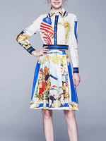 Maxikleid Weiß Sommerkleider lang mit Print Langarm Damenmode maxi kleid und Umlegekragen Polyester und High-Low Design und Knöpfen für Herbst