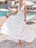 Maxikleid Weiß Sommerkleider lang mit Print ärmellos Damenmode maxi kleid V-Ausschnitt Polyester und figurbetonendem Design für Sommer Kleider