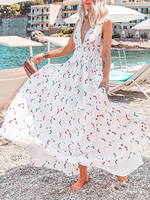Maxikleid Weiß Sommerkleider lang mit Print ärmellos Damenmode maxi kleid V-Ausschnitt Polyester und figurbetonendem Design für Sommer Kleider