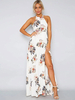 Maxikleid Weiß Sommerkleider lang mit Print ärmellos Damenmode und Rundkragen Acetate und rückenfreiem Design und Schlitz an der Front für Sommer