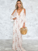 Maxikleid Weiß Sommerkleider lang mit Printmuster Langarm Damenmode maxi kleid V-Ausschnitt Michartige Seide und schulterfreies Design für Herbst